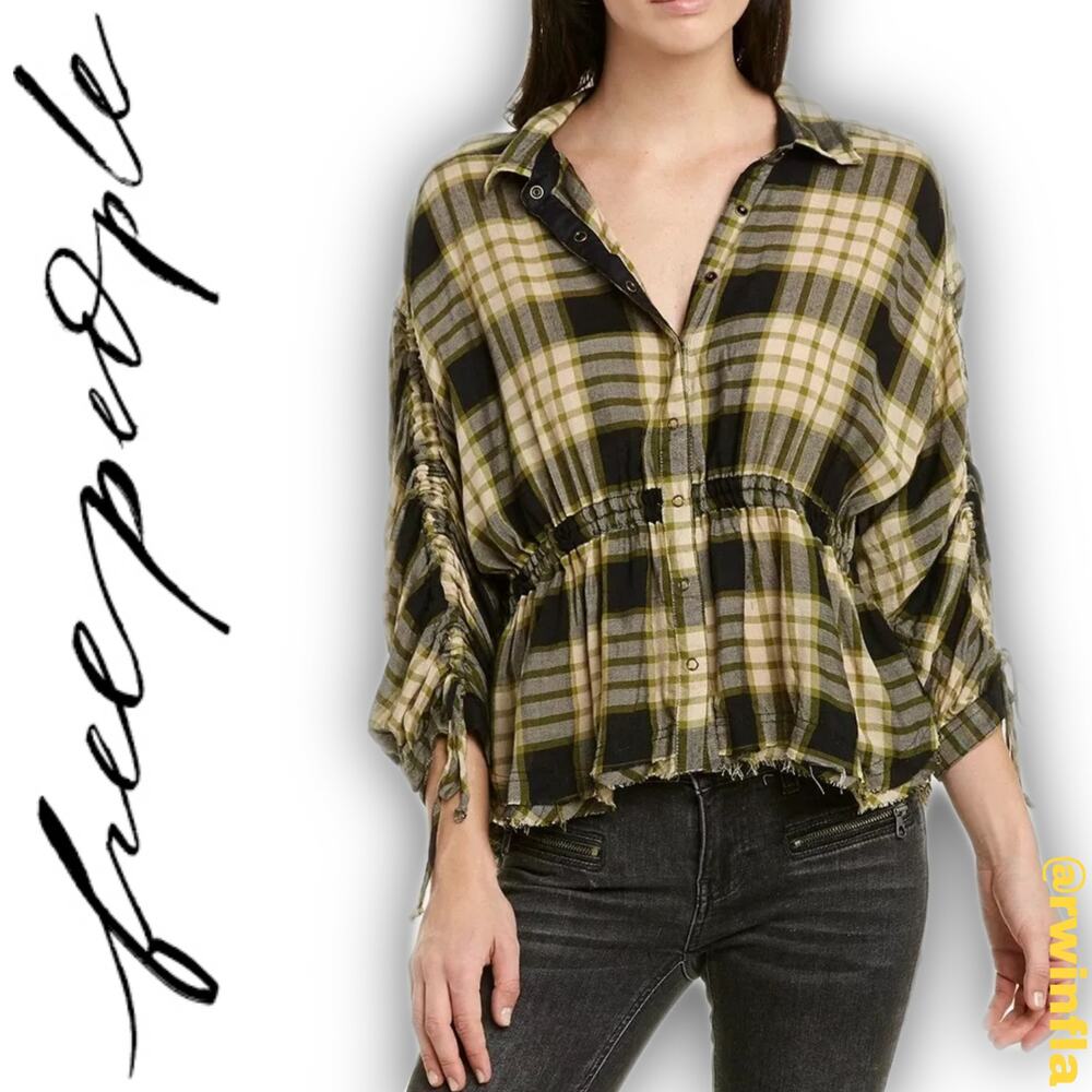 Free People Pacific Dawn Plaid Peplum Shirt Black Combo Size Medium NWT New